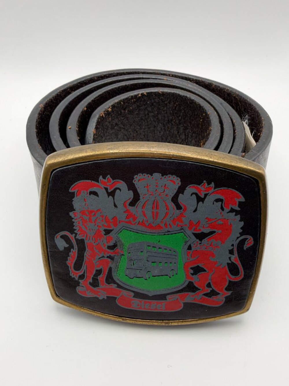 Vintage Y2K Diesel Leather Belt Statement Crest Buckle Made in Italy Size 85